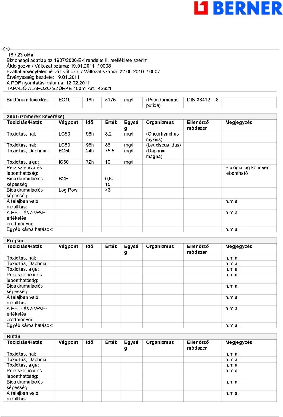 0,6-15 Bioakkumulációs Log Pow >3 A talajban való mobilitás: A PBT- és a vpvbértékelés eredményei: Egyéb káros hatások: DIN 38412 T.