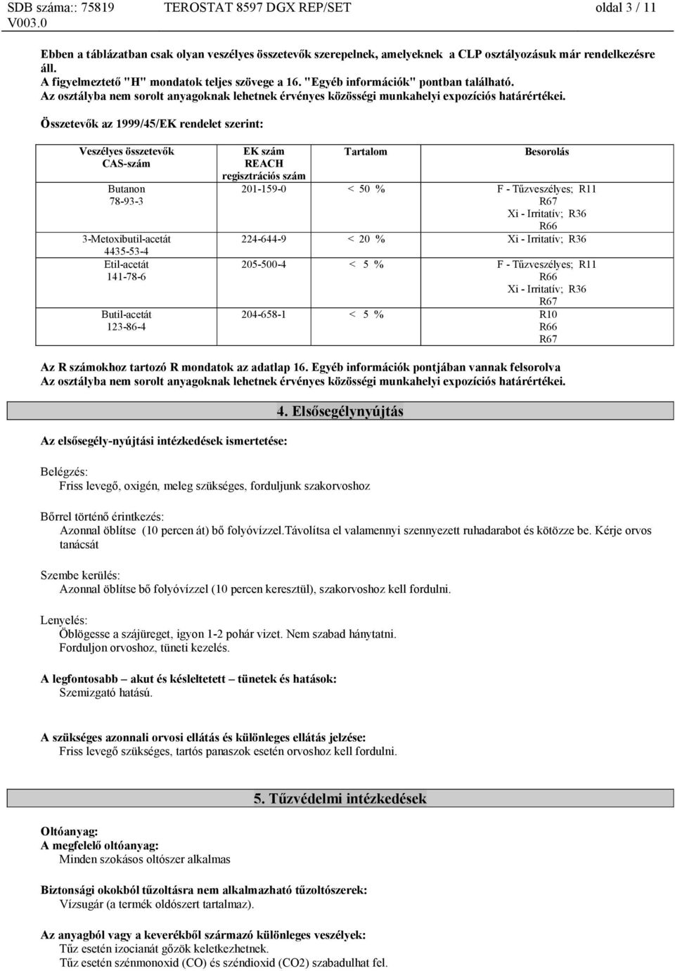 Összetevők az 1999/45/EK rendelet szerint: Butanon 3-Metoxibutil-acetát 4435-53-4 Butil-acetát EK szám REACH regisztrációs szám Tartalom Besorolás 201-159-0 < 50 % F - Tűzveszélyes; R11 R67 Xi -