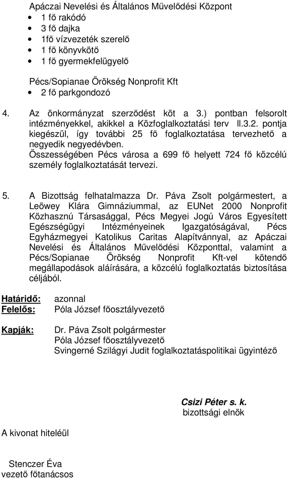 Összességében Pécs városa a 699 f helyett 724 f közcélú személy foglalkoztatását tervezi. 5. A Bizottság felhatalmazza Dr.