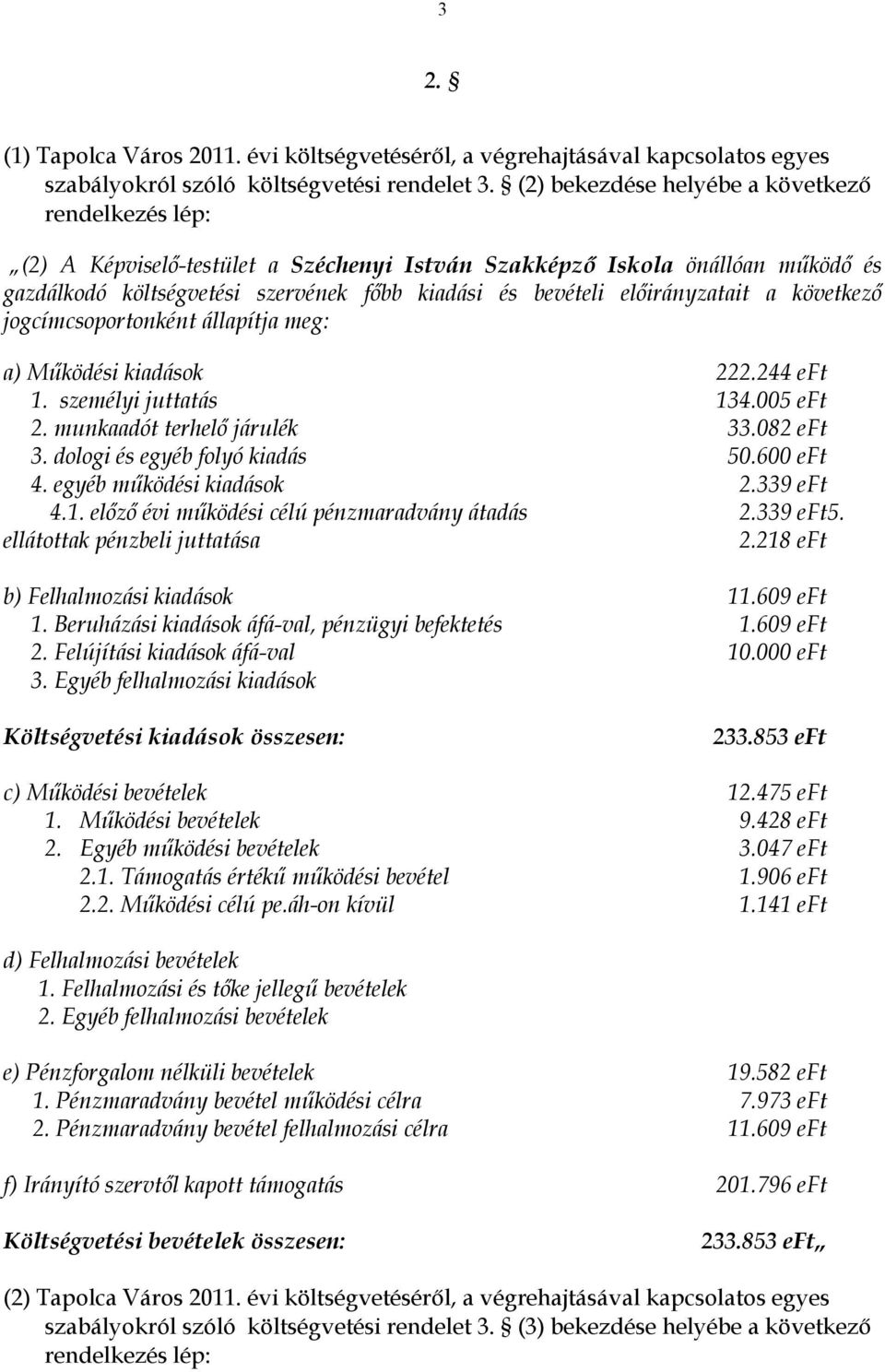 következő jogcímcsoportonként állapítja meg: a) Működési kiadások 222.244 eft 1. személyi juttatás 134.005 eft 2. munkaadót terhelő járulék 33.082 eft 3. dologi és egyéb folyó kiadás 50.600 eft 4.