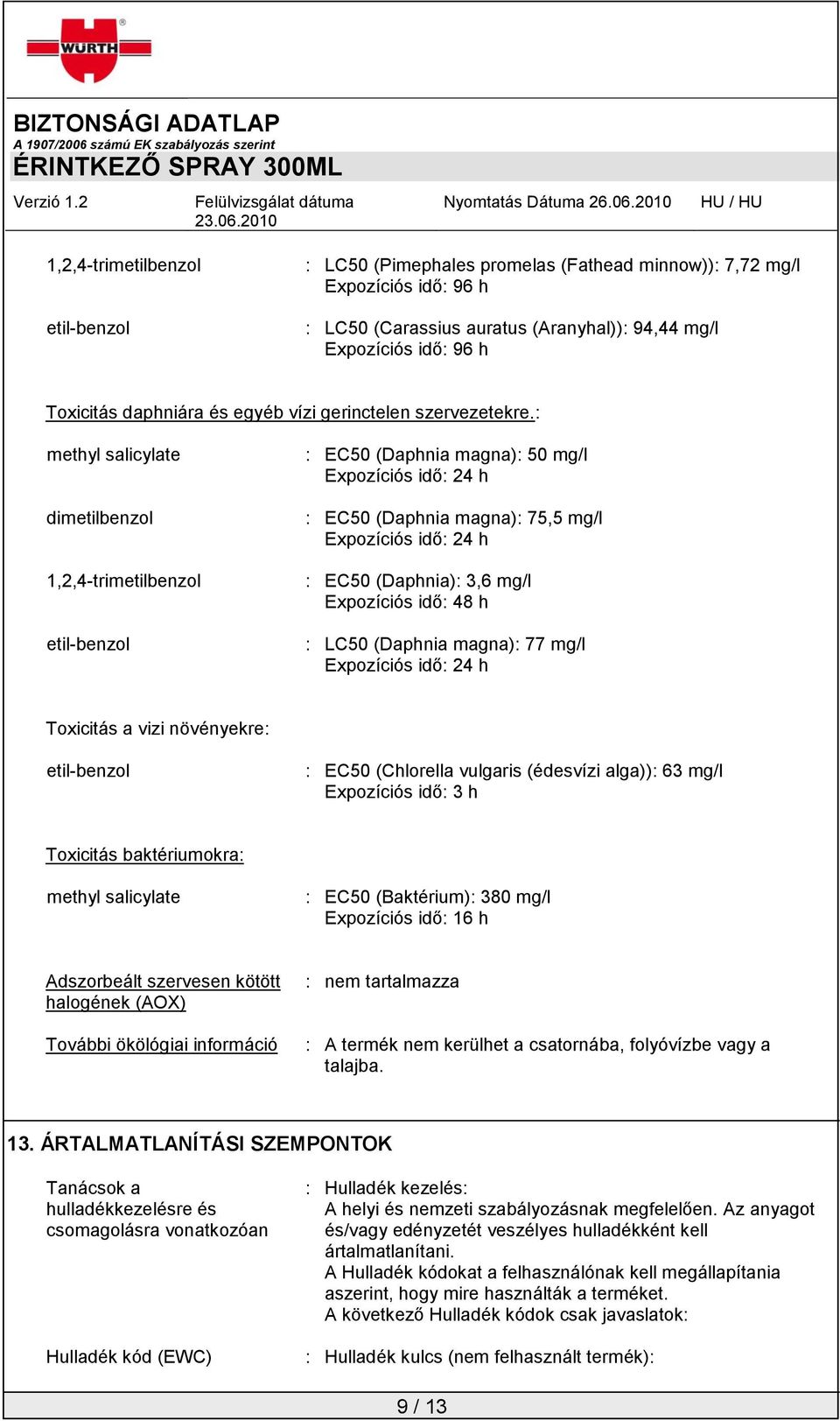 : methyl salicylate dimetilbenzol 1,2,4-trimetilbenzol etil-benzol : EC50 (Daphnia magna): 50 mg/l Expozíciós idő: 24 h : EC50 (Daphnia magna): 75,5 mg/l Expozíciós idő: 24 h : EC50 (Daphnia): 3,6