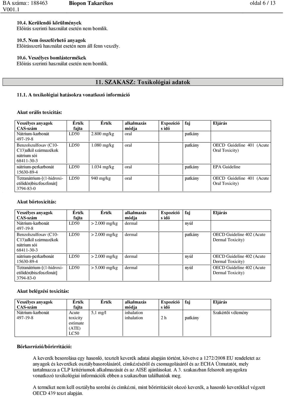 SZAKASZ: Toxikológiai adatok Akut orális toxicitás: Akut bőrtoxicitás: alkalmazás Expozíció ta módja s idő LD50 2.800 mg/kg oral patkány LD50 1.