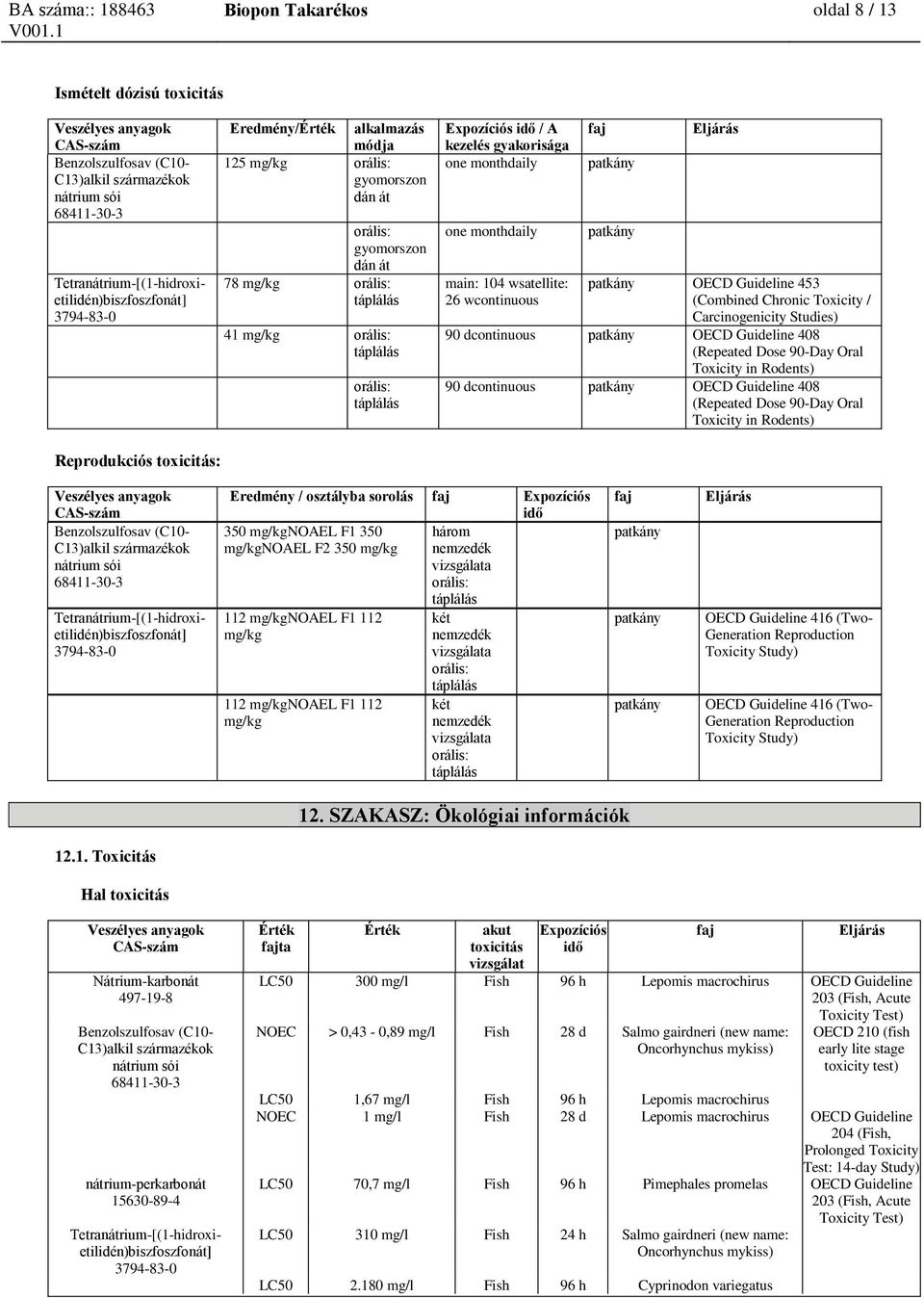 Studies) 90 dcontinuous patkány OECD Guideline 408 (Repeated Dose 90-Day Oral Toxicity in Rodents) 90 dcontinuous patkány OECD Guideline 408 (Repeated Dose 90-Day Oral Toxicity in Rodents) Eredmény /