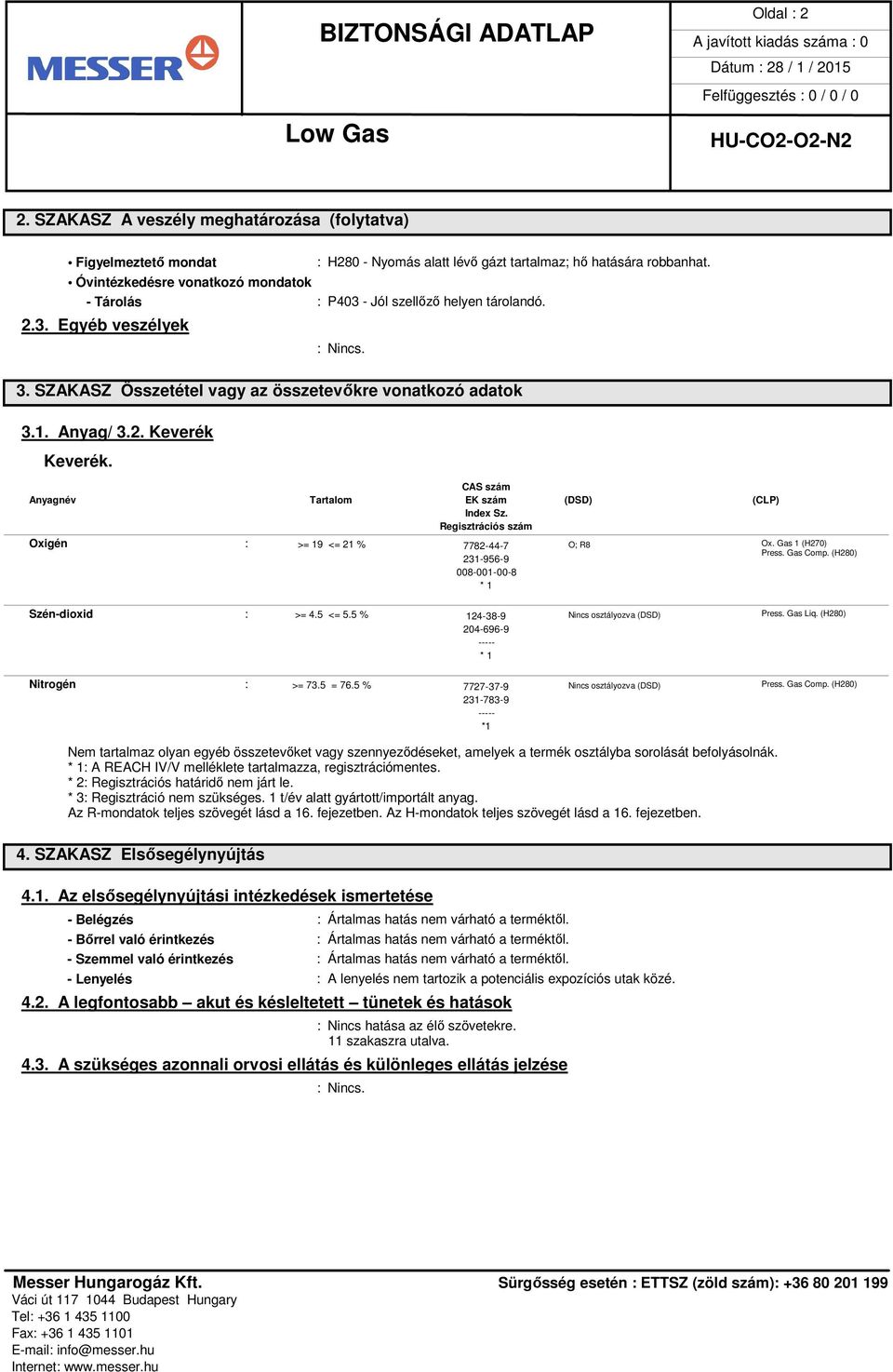 CAS szám Anyagnév Tartalom EK szám (DSD) (CLP) Index Sz. Regisztrációs szám Oxigén : >= 19 <= 21 % 7782-44-7 O; R8 Ox. Gas 1 (H270) 231-956-9 008-001-00-8 * 1 Press. Gas Comp.