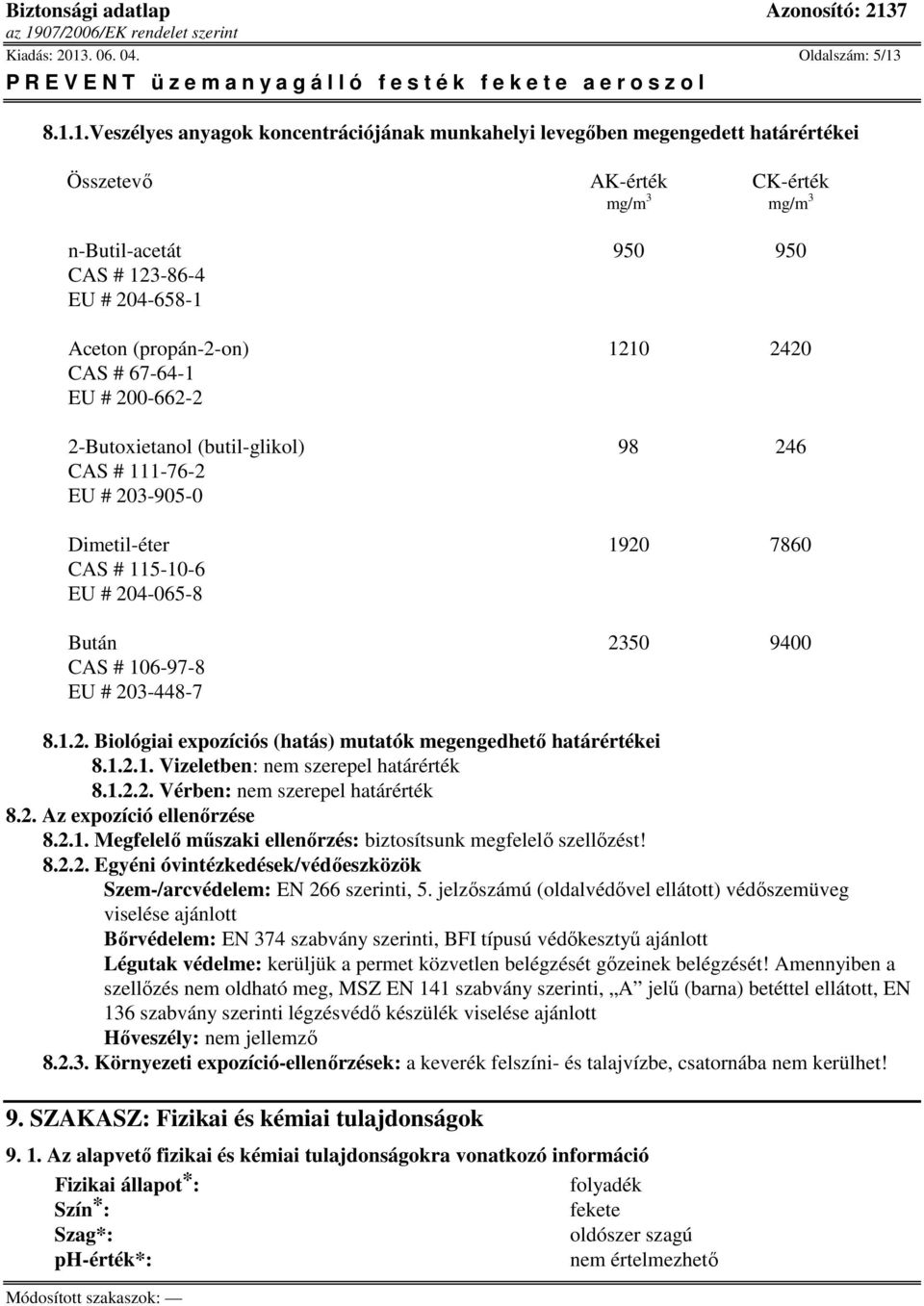 8.1.1.Veszélyes anyagok koncentrációjának munkahelyi levegőben megengedett határértékei Összetevő AK-érték CK-érték mg/m 3 mg/m 3 950 950 CAS # 123-86-4 EU # 204-658-1 1210 2420 CAS # 67-64-1 EU #