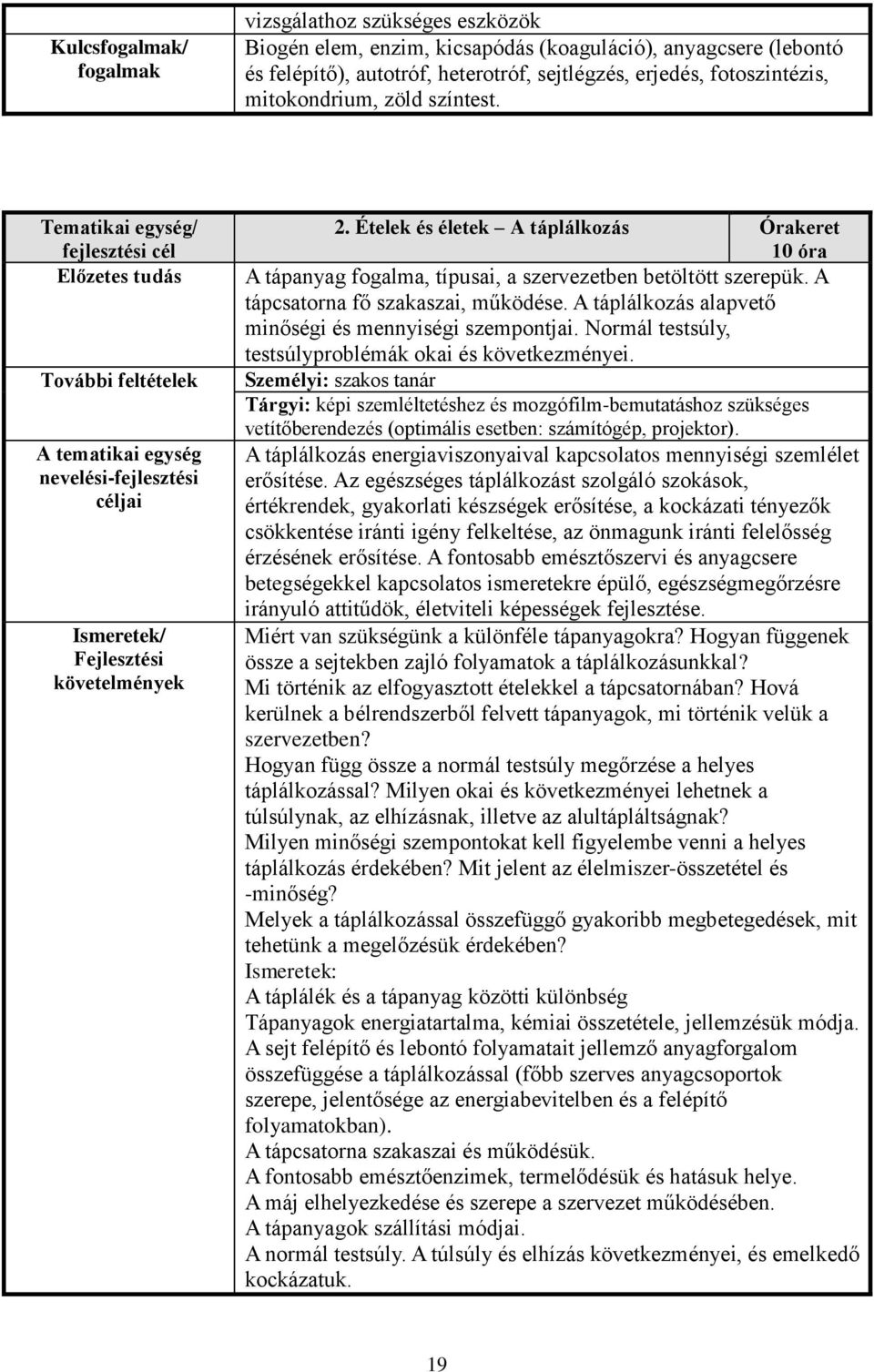 A tápcsatorna fő szakaszai, működése. A táplálkozás alapvető minőségi és mennyiségi szempontjai. Normál testsúly, testsúlyproblémák okai és következményei.