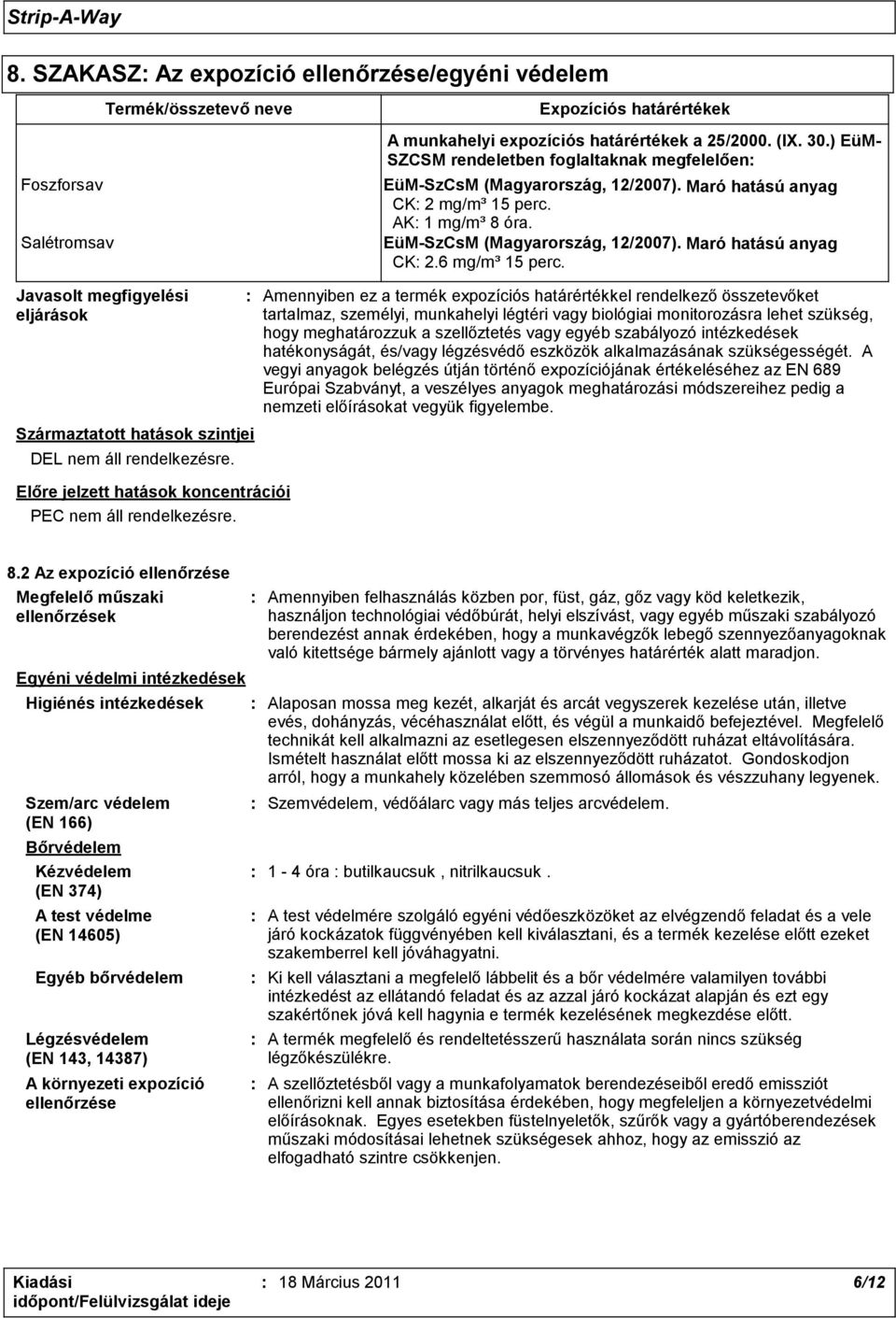 ) EüM- SZCSM rendeletben foglaltaknak megfelelően: EüM-SzCsM (Magyarország, 12/2007). Ingerlő anyag. CK: 2 mg/m³ 15 perc. AK: 1 mg/m³ 8 óra. EüM-SzCsM (Magyarország, 12/2007). Ingerlő anyag. CK: 2.6 mg/m³ 15 perc.