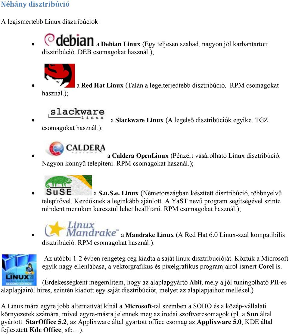 TGZ a Caldera OpenLinux (Pénzért vásárolható Linux disztribúció. Nagyon könnyű telepíteni. RPM csomagokat használ.); a S.u.S.e. Linux (Németországban készített disztribúció, többnyelvű telepítővel.