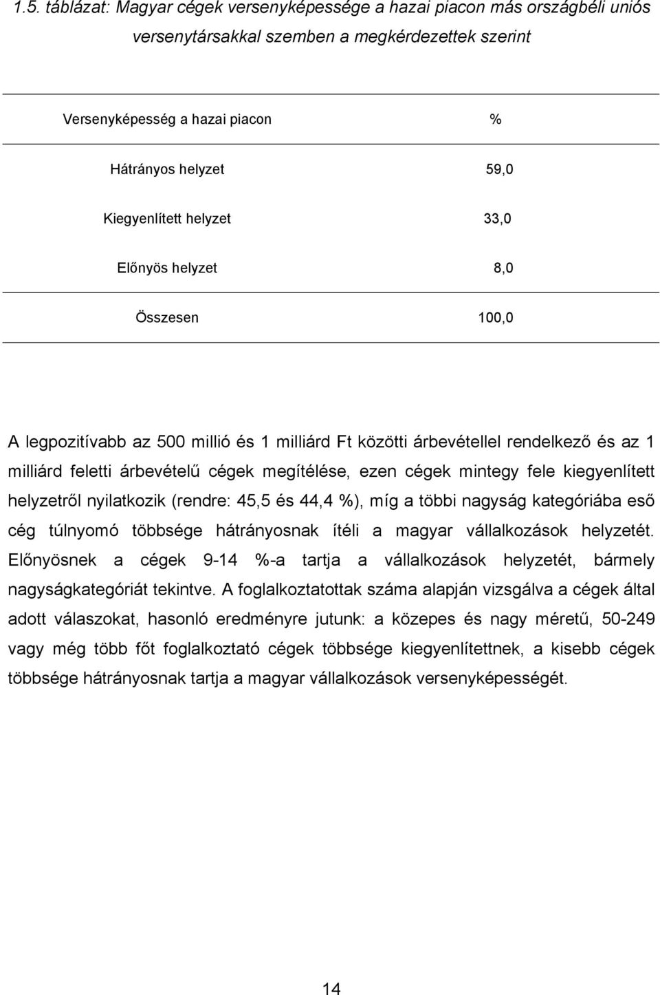 cégek mintegy fele kiegyenlített helyzetről nyilatkozik (rendre: 45,5 és 44,4 %), míg a többi nagyság kategóriába eső cég túlnyomó többsége hátrányosnak ítéli a magyar vállalkozások helyzetét.