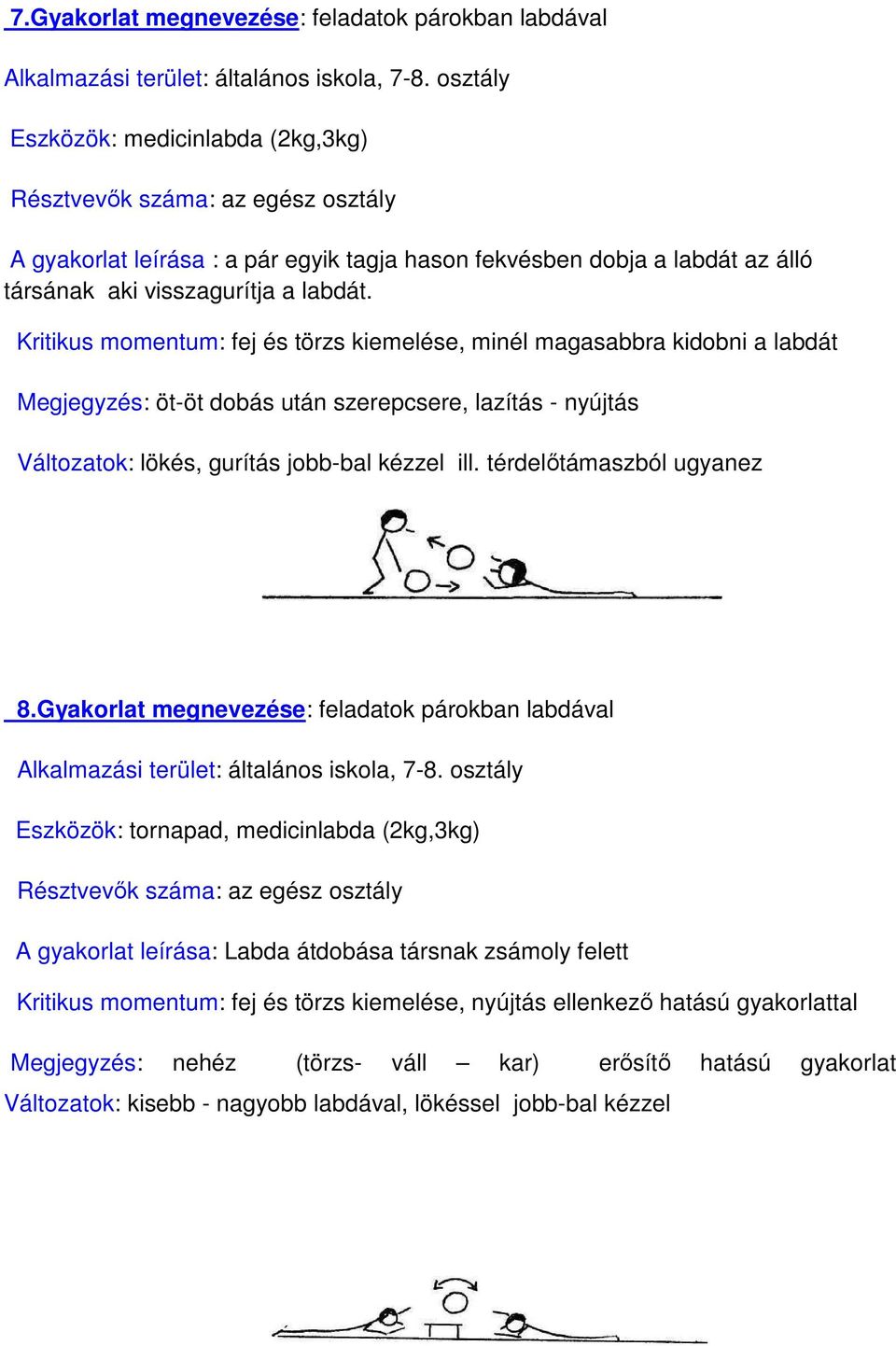 Kritikus momentum: fej és törzs kiemelése, minél magasabbra kidobni a labdát Megjegyzés: öt-öt dobás után szerepcsere, lazítás - nyújtás Változatok: lökés, gurítás jobb-bal kézzel ill.