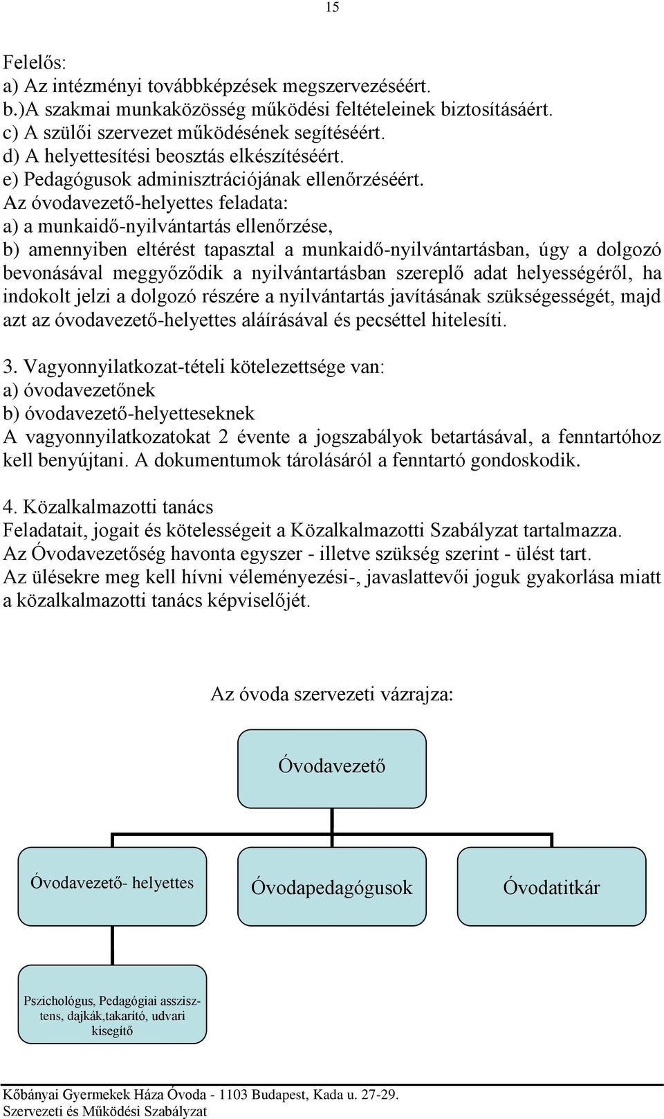 Az óvodavezető-helyettes feladata: a) a munkaidő-nyilvántartás ellenőrzése, b) amennyiben eltérést tapasztal a munkaidő-nyilvántartásban, úgy a dolgozó bevonásával meggyőződik a nyilvántartásban