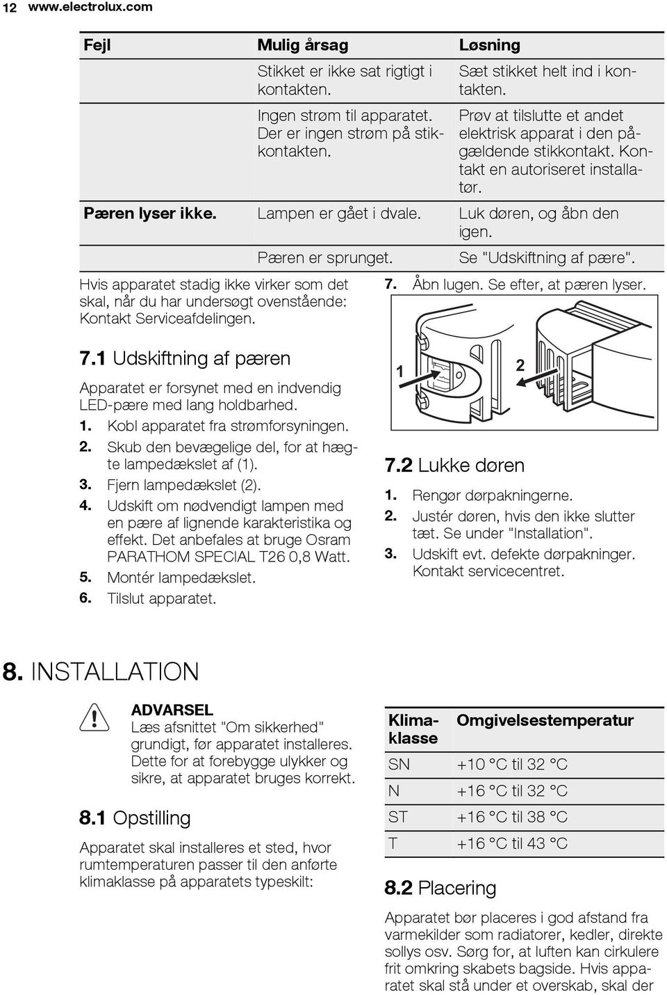 Se "Udskiftning af pære". Hvis apparatet stadig ikke virker som det skal, når du har undersøgt ovenstående: Kontakt Serviceafdelingen. 7.