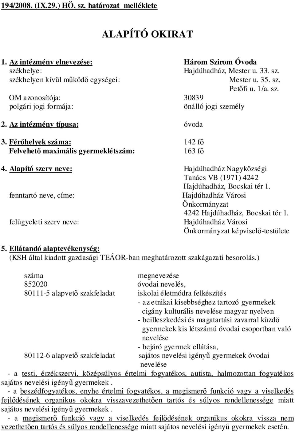 Alapító szerv neve: Hajdúhadház Nagyközségi Tanács VB (1971) 4242 Hajdúhadház, Bocskai tér 1. fenntartó neve, címe: Hajdúhadház Városi Önkormányzat 4242 Hajdúhadház, Bocskai tér 1.