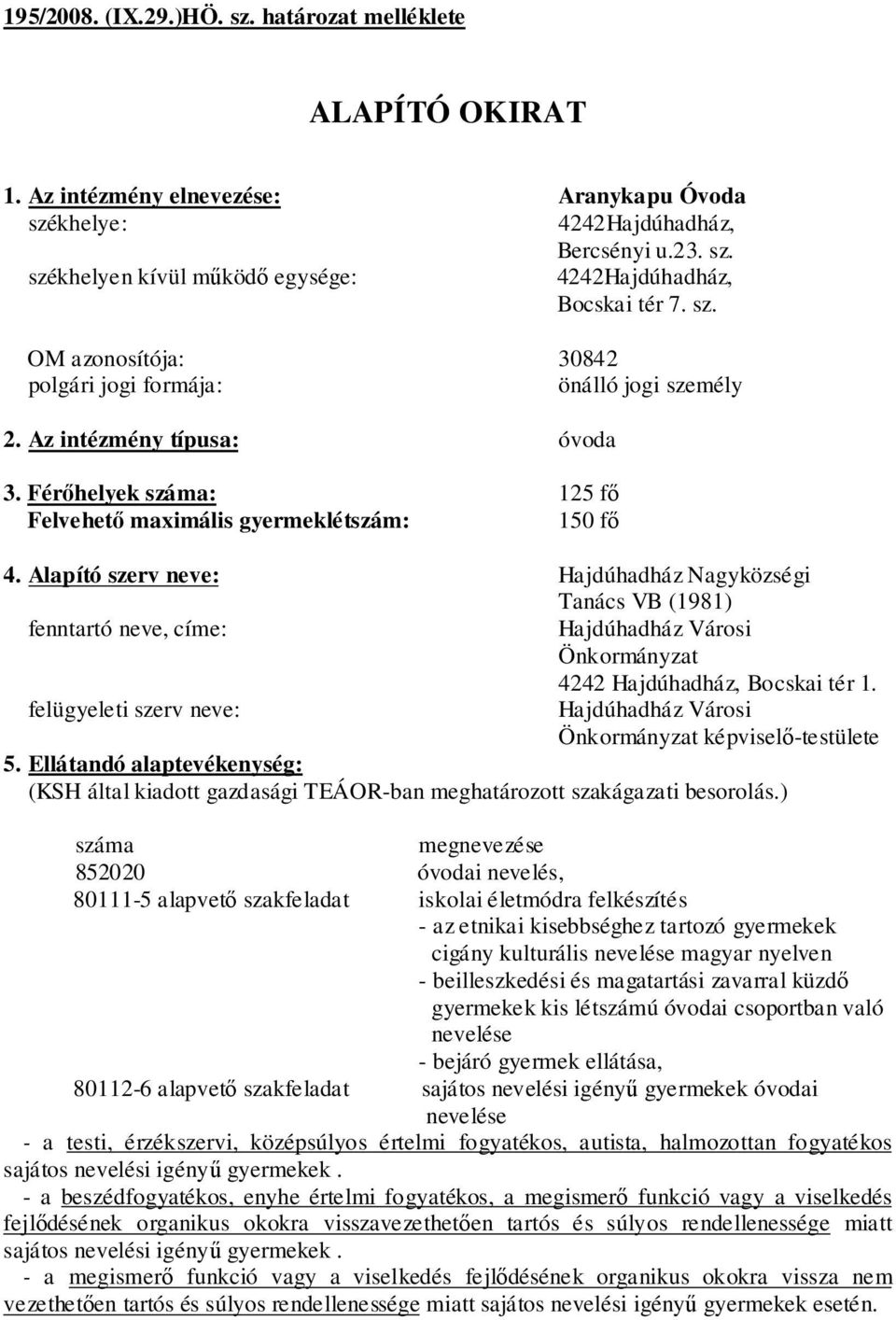 Alapító szerv neve: Hajdúhadház Nagyközségi Tanács VB (1981) fenntartó neve, címe: Hajdúhadház Városi Önkormányzat 4242 Hajdúhadház, Bocskai tér 1.