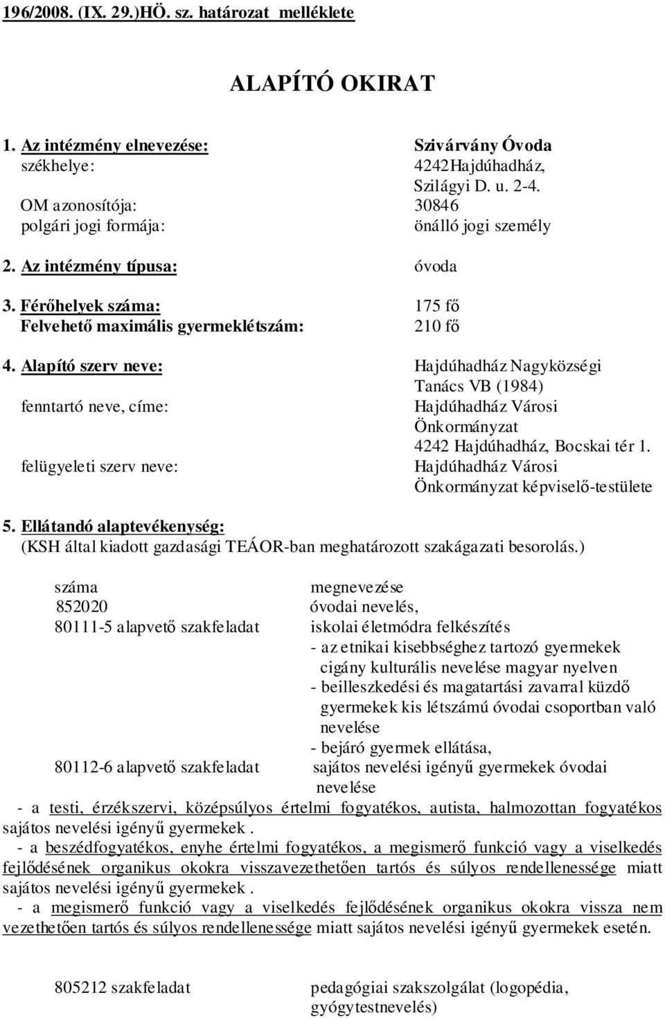 Alapító szerv neve: Hajdúhadház Nagyközségi Tanács VB (1984) fenntartó neve, címe: Hajdúhadház Városi Önkormányzat 4242 Hajdúhadház, Bocskai tér 1.