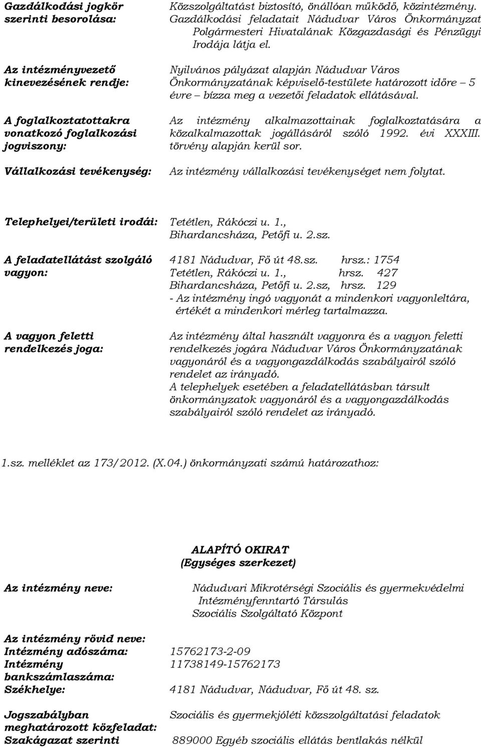 Nyilvános pályázat alapján Nádudvar Város Önkormányzatának képviselő-testülete határozott időre 5 évre bízza meg a vezetői feladatok ellátásával.