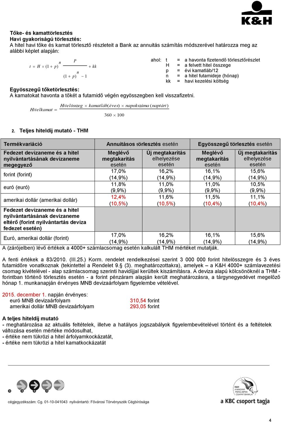 = a havonta fizetendő törlesztőrészlet = a felvett hitel összege = évi kamatláb/12 = a hitel futamideje (hónap) = havi kezelési költség Hitelkamat Hitelösszeg kamatláb( éves) napokszáma ( naptári )