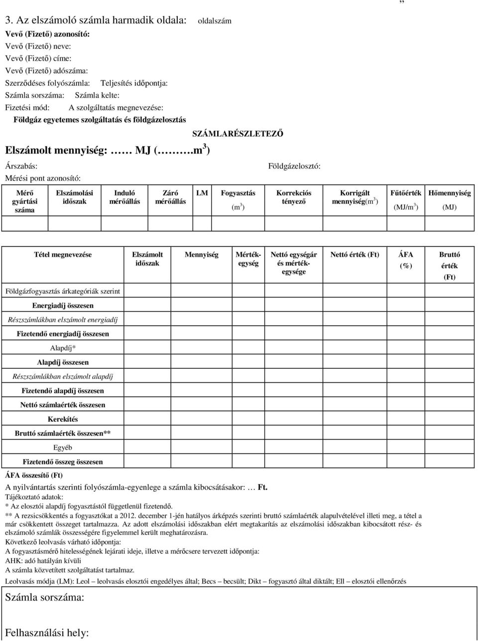 m 3 ) Árszabás: Mérési pont azonosító: Mérő gyártási száma Elszámolási időszak Induló mérőállás Záró mérőállás SZÁMLARÉSZLETEZŐ Földgázelosztó: LM Fogyasztás Korrekciós Korrigált Fűtőérték