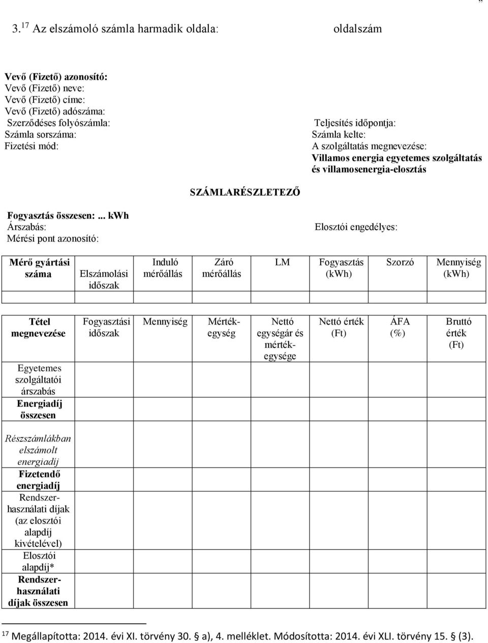 .. kwh Árszabás: Mérési pont azonosító: Elosztói engedélyes: Mérő gyártási száma Elszámolási időszak Induló mérőállás Záró mérőállás LM Fogyasztás (kwh) Szorzó Mennyiség (kwh) Tétel megnevezése