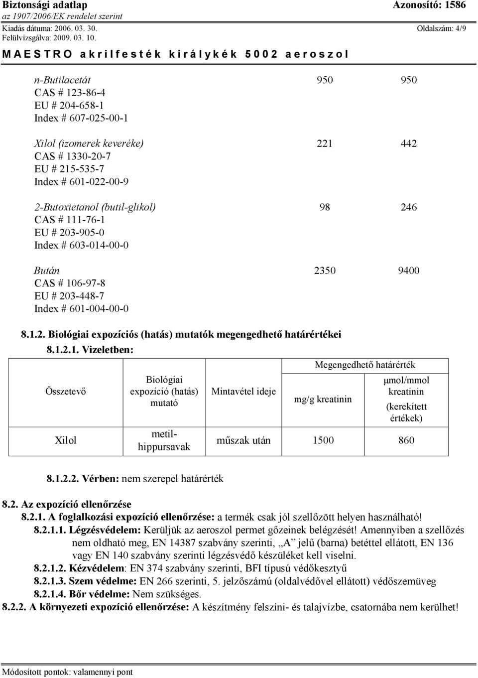 (butil-glikol) 98 246 CAS # 111-76-1 EU # 203-905-0 Index # 603-014-00-0 Bután 2350 9400 CAS # 106-97-8 EU # 203-448-7 Index # 601-004-00-0 8.1.2. Biológiai expozíciós (hatás) mutatók megengedhető határértékei 8.