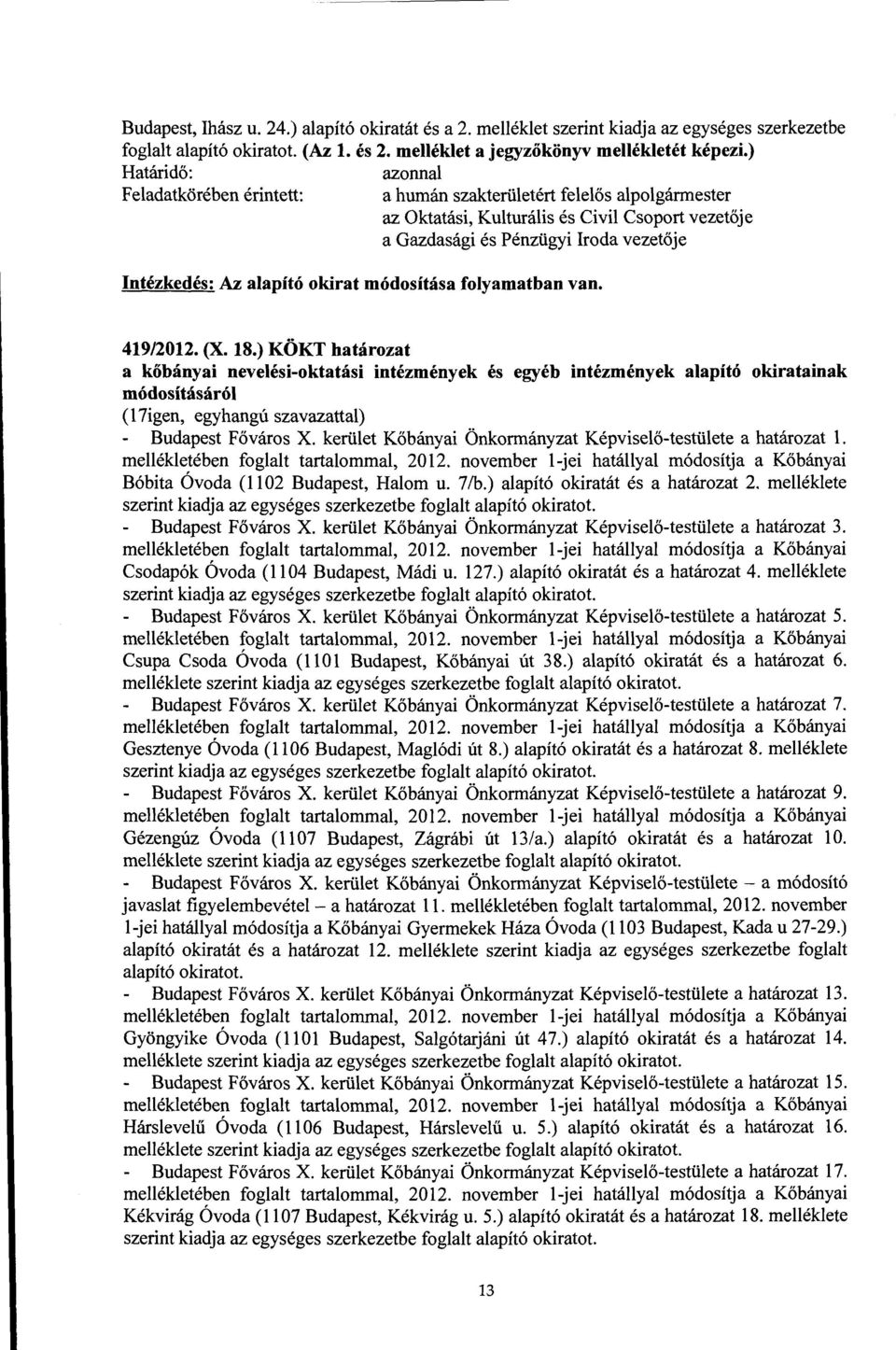 ) KÖKT határozat a kőbányai nevelési-oktatási intézmények és egyéb intézmények alapító okiratainak módosításáról (17igen, egyhangú szavazattal) Budapest Főváros X.