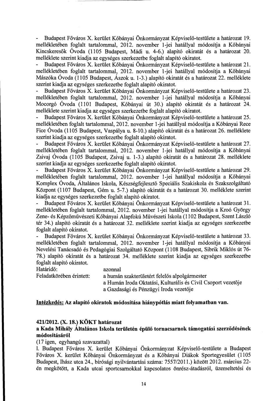 1-3.) alapító okiratát és a határozat 22. melléklete szerint kiadja az egységes szerkezetbe foglalt alapító okiratot. Budapest Főváros X.