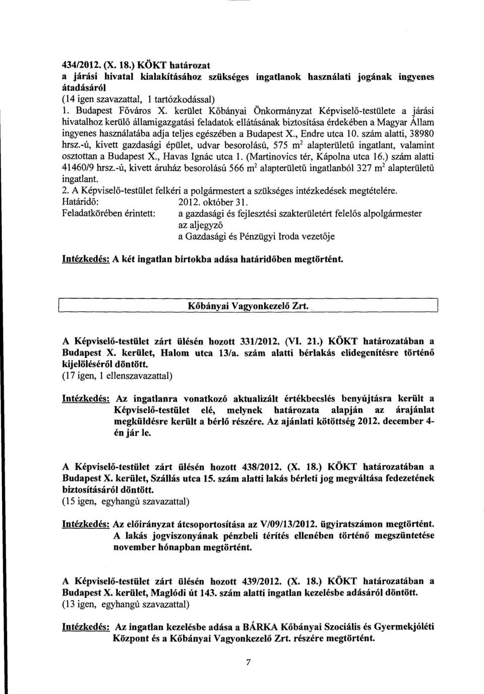 Budapest X., Endre utca 10. szám alatti, 38980 hrsz.-ú, kivett gazdasági épület, udvar besorolású, 575 m 2 alapterületű ingatlant, valamint osztottan a Budapest X., Havas Ignác utca l.