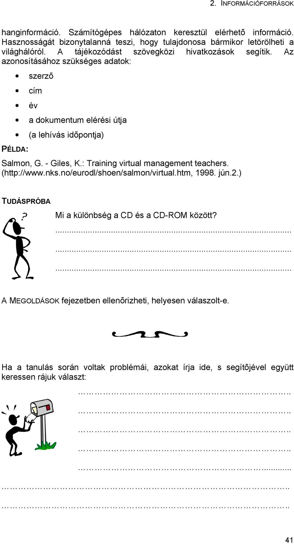 - Giles, K.: Training virtual management teachers. (http://www.nks.no/eurodl/shoen/salmon/virtual.htm, 1998. jún.2.) TUDÁSPRÓBA Mi a különbség a CD és a CD-ROM között?