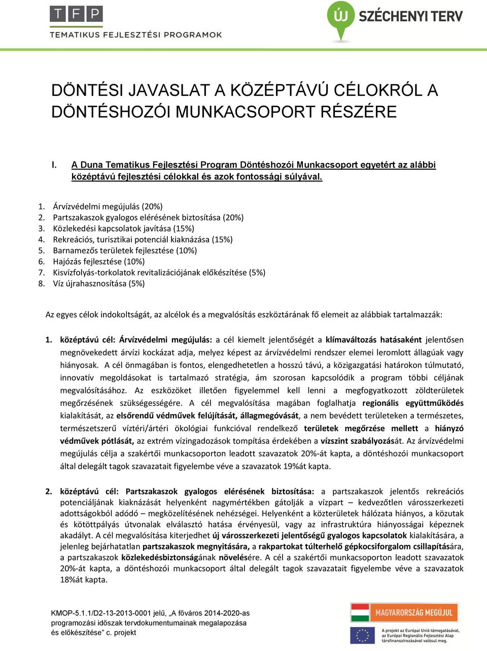 Partszakaszok gyalogos elérésének biztosítása (20%) 3. Közlekedési kapcsolatok javítása (15%) 4. Rekreációs, turisztikai potenciál kiaknázása (15%) 5. Barnamezős területek fejlesztése (10%) 6.