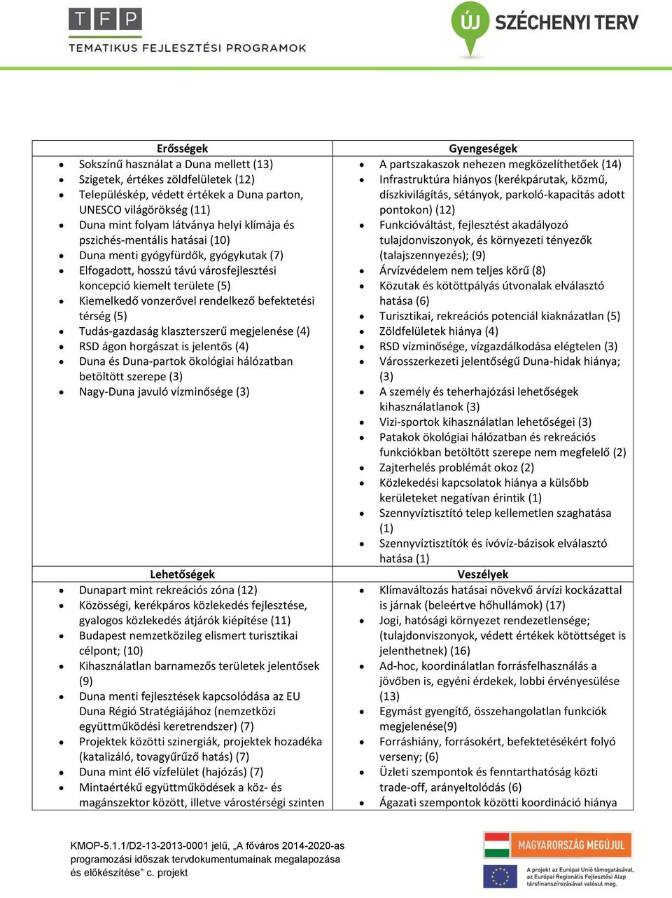 Tudás-gazdaság klaszterszerű megjelenése (4) RSD ágon horgászat is jelentős (4) Duna és Duna-partok ökológiai hálózatban betöltött szerepe (3) Nagy-Duna javuló vízminősége (3) Lehetőségek Dunapart