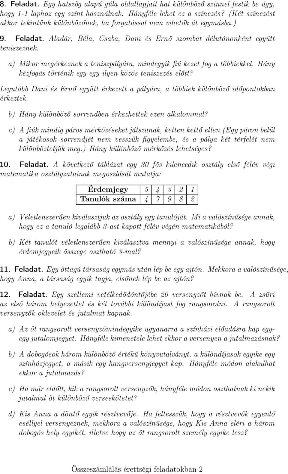 a) Mikor megérkeznek a teniszpályára, mindegyik fiú kezet fog a többiekkel. Hány kézfogás történik egy-egy ilyen közös teniszezés előtt?