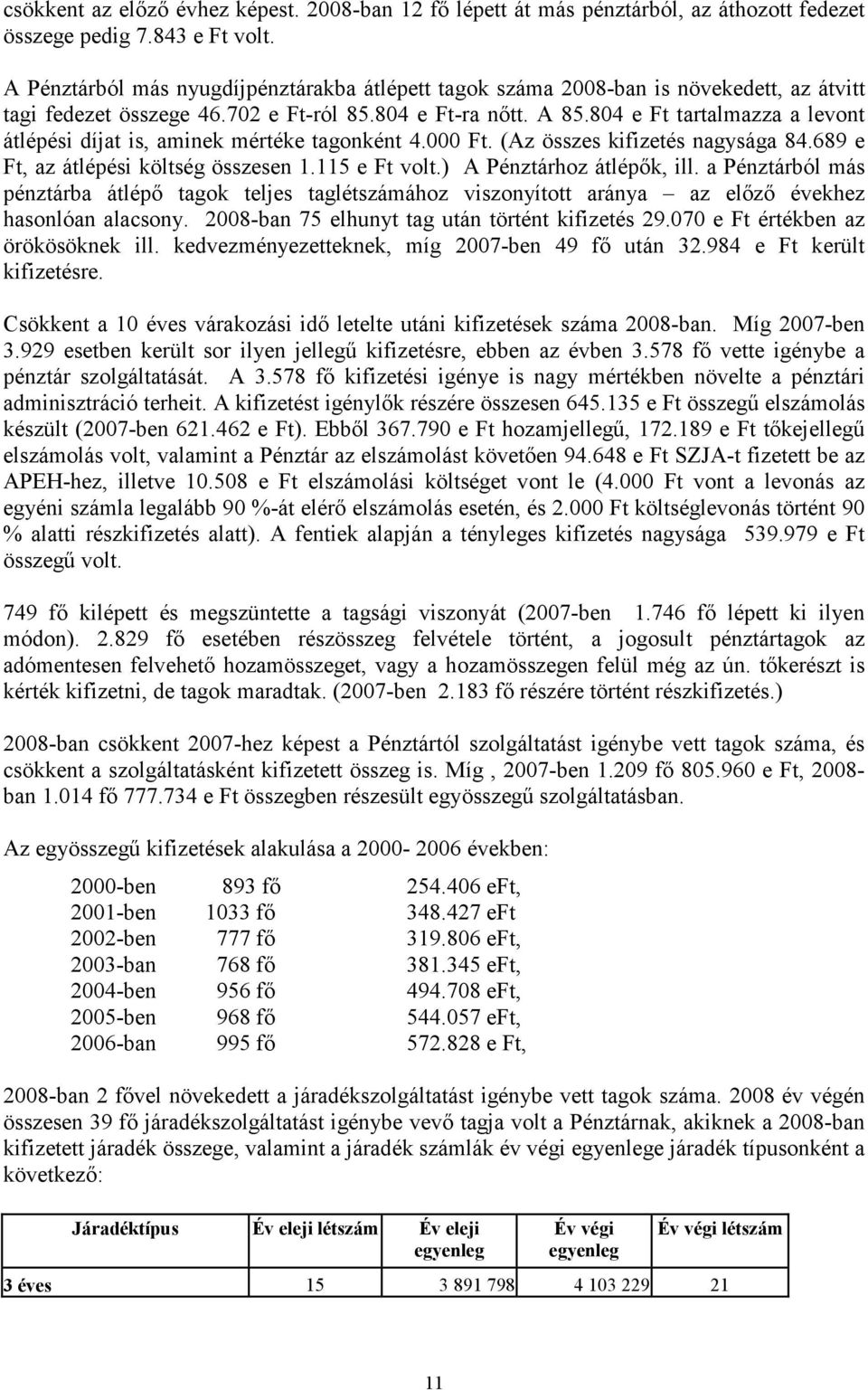 804 e Ft tartalmazza a levont átlépési díjat is, aminek mértéke tagonként 4.000 Ft. (Az összes kifizetés nagysága 84.689 e Ft, az átlépési költség összesen 1.115 e Ft volt.) A Pénztárhoz átlépők, il.