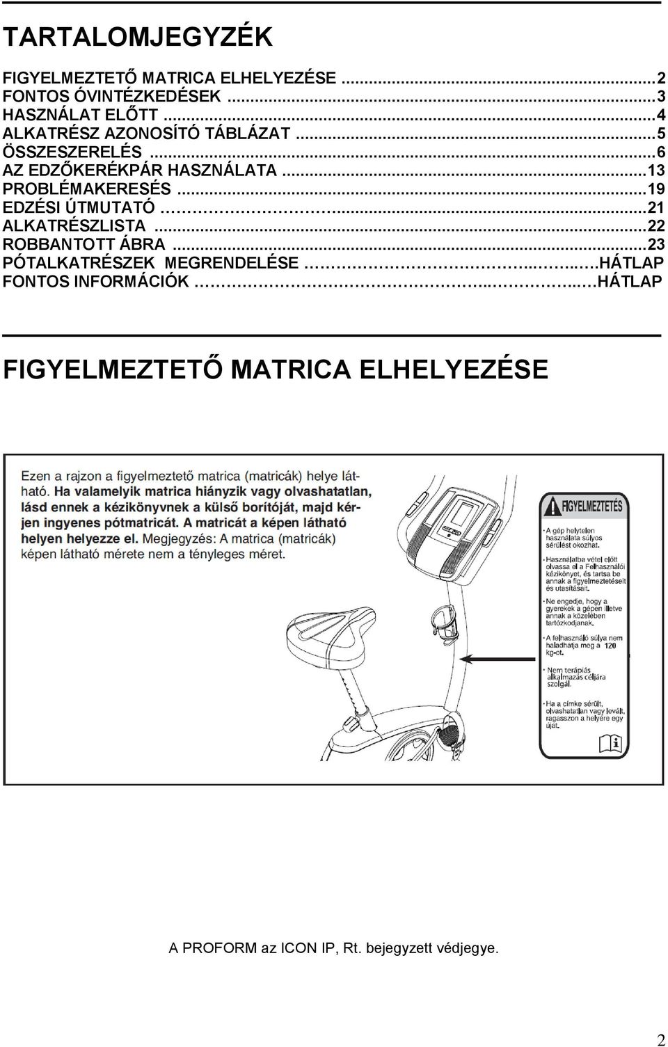 .. 19 EDZÉSI ÚTMUTATÓ... 21 ALKATRÉSZLISTA... 22 ROBBANTOTT ÁBRA... 23 PÓTALKATRÉSZEK MEGRENDELÉSE.