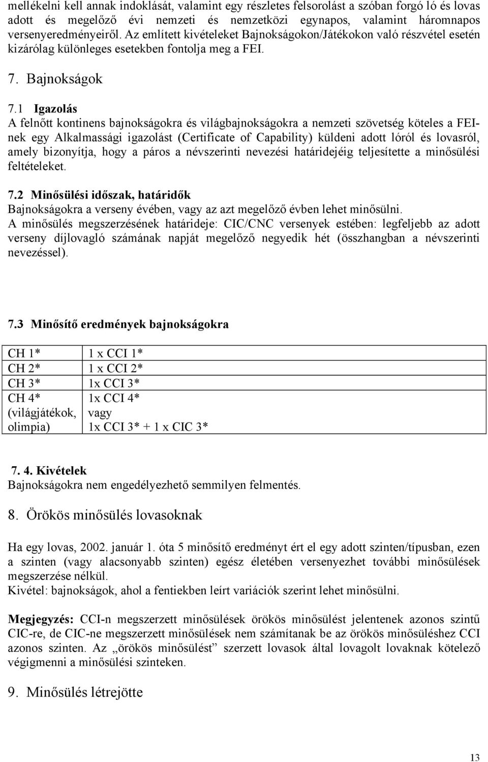 1 Igazolás A felnőtt kontinens bajnokságokra és világbajnokságokra a nemzeti szövetség köteles a FEInek egy Alkalmassági igazolást (Certificate of Capability) küldeni adott lóról és lovasról, amely