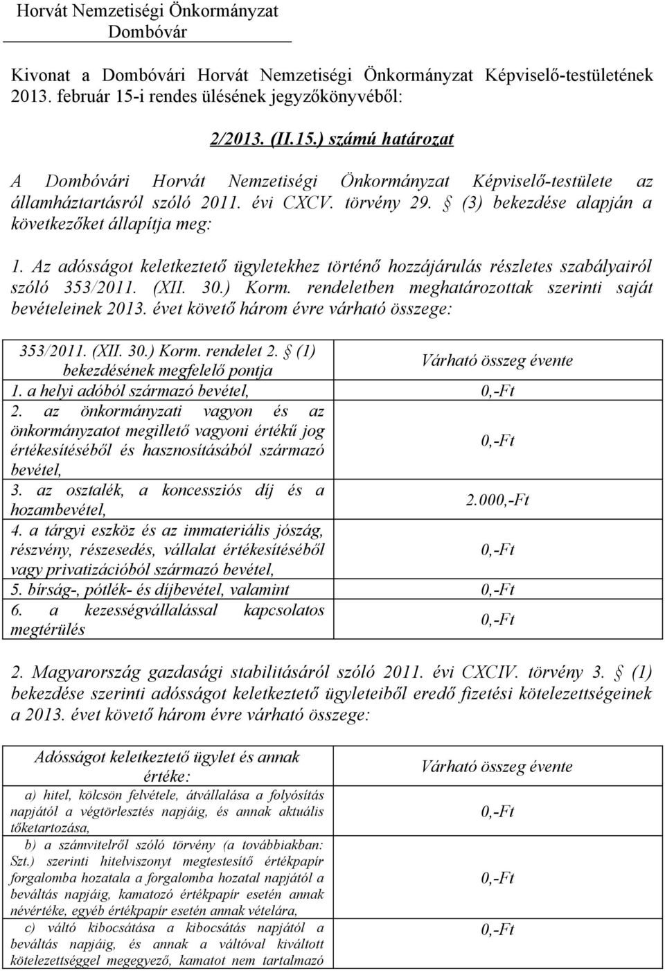 rendeletben meghatározottak szerinti saját bevételeinek 2013. évet követő három évre várható összege: 353/2011. (XII. 30.) Korm. rendelet 2. (1) bekezdésének megfelelő pontja Várható összeg évente 1.