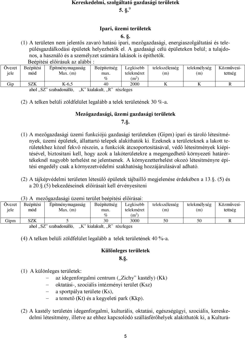 A gazdasági célú épületeken belül; a tulajdonos, a használó és a személyzet számára lakások is építhetők. Beépítési előírásuk az alábbi : Beépítési mód Építménymagasság Max. Beépítettség max.