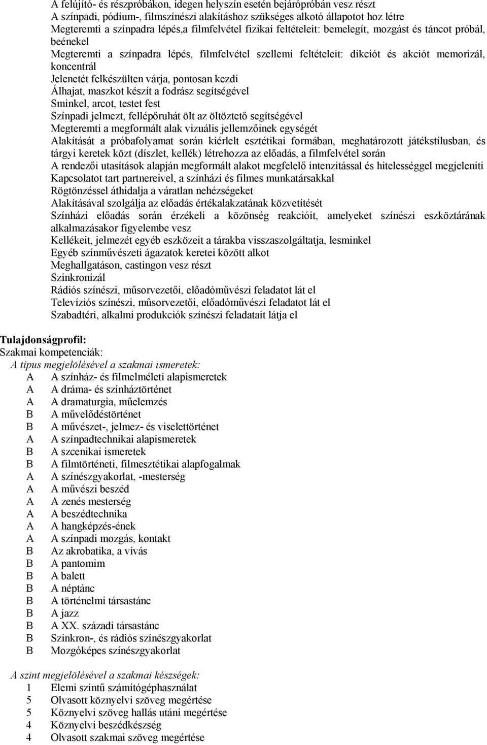 felkészülten várja, pontosan kezdi Álhajat, maszkot készít a fodrász segítségével Sminkel, arcot, testet fest Színpadi jelmezt, fellépőruhát ölt az öltöztető segítségével Megteremti a megformált alak