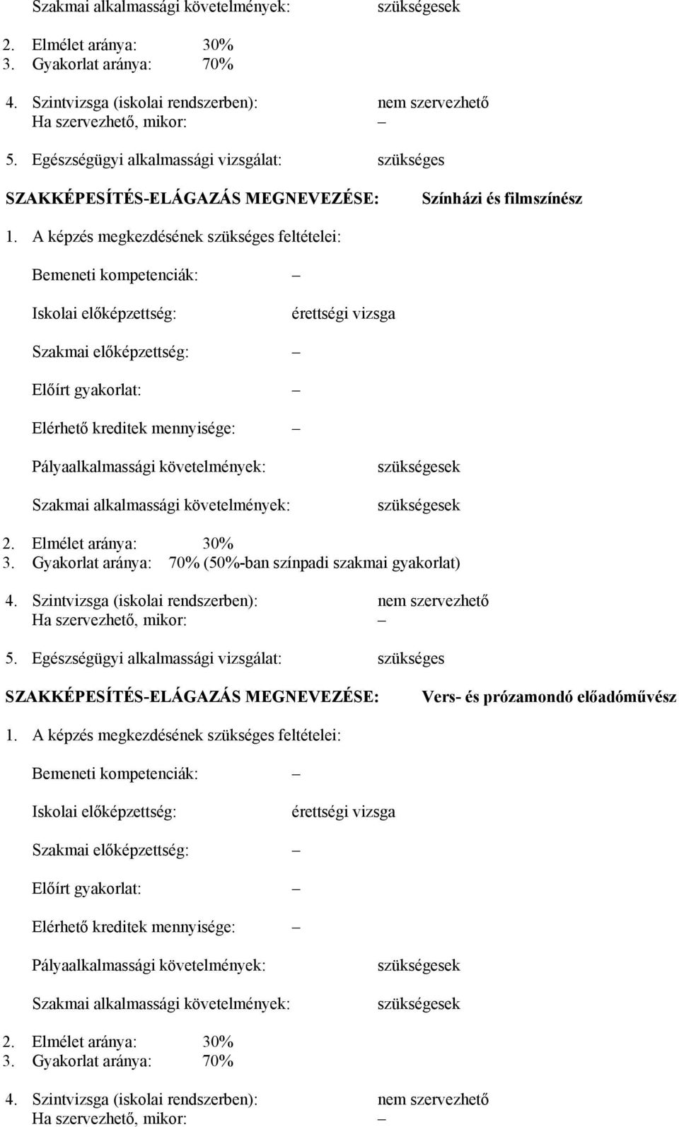 A képzés megkezdésének szükséges feltételei: Bemeneti kompetenciák: Iskolai előképzettség: érettségi vizsga Szakmai előképzettség: Előírt gyakorlat: Elérhető kreditek mennyisége: Pályaalkalmassági