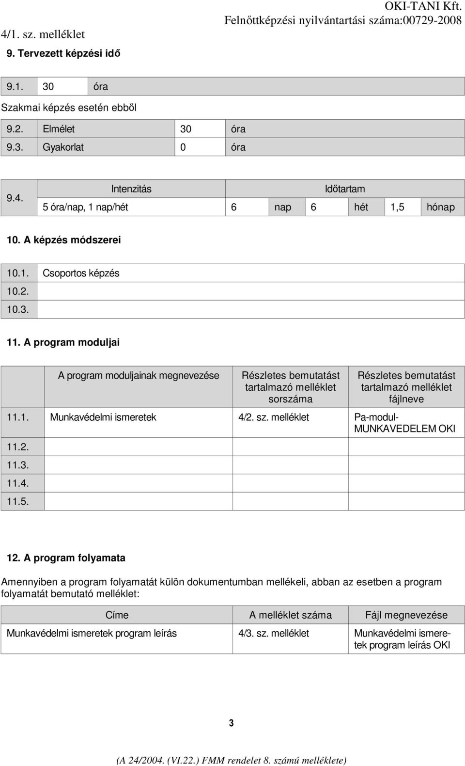 A program moduljai A program moduljainak megnevezése Részletes bemutatást tartalmazó melléklet sorszáma Részletes bemutatást tartalmazó melléklet fájlneve 11.1. Munkavédelmi ismeretek 4/2. sz.