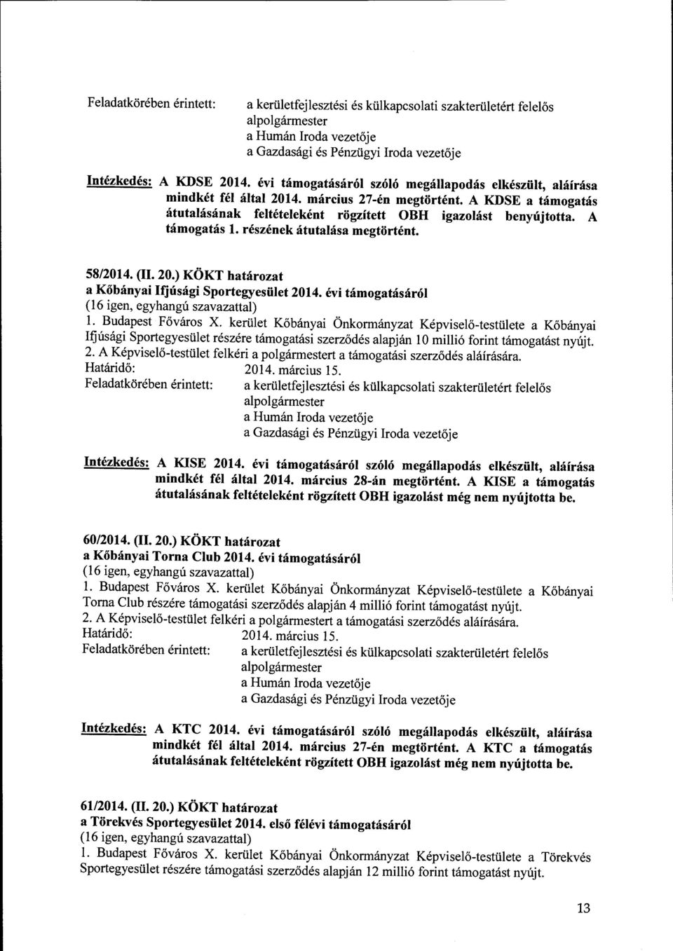 A támogatás l. rzének átutalása megtörtént. 58/2014. (II. 20.) KÖKT határozat a Kőbányai Ifjúsági Sportegyesület 2014. évi támogatásáról (16 igen, egyhangú szavazattal) l. Budapest Főváros X.