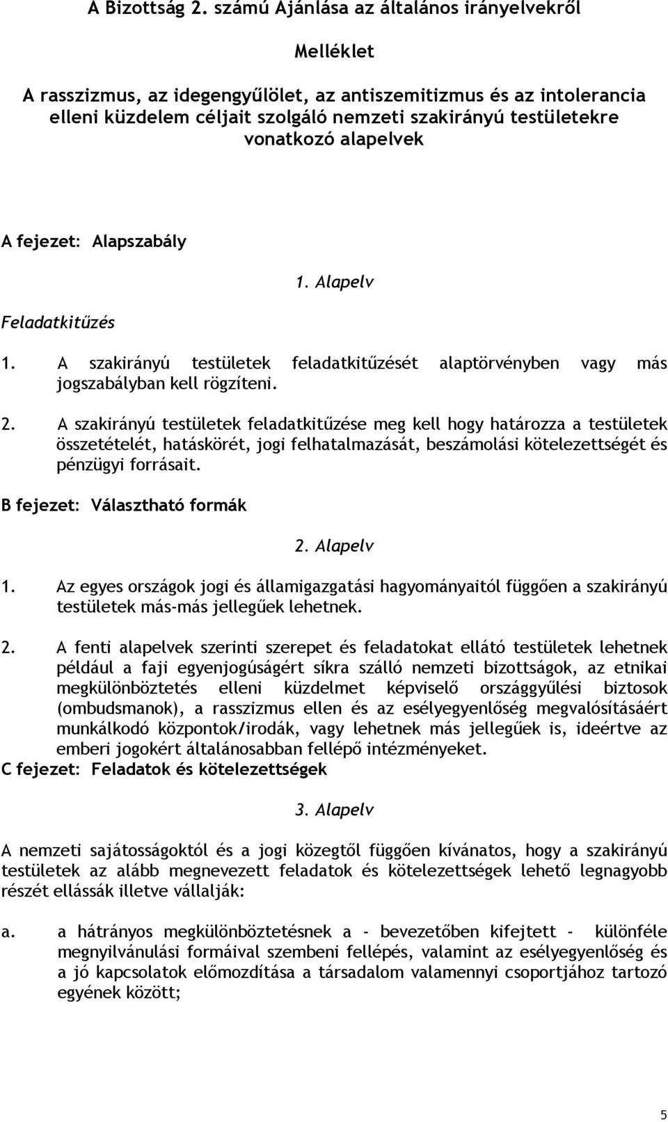 alapelvek A fejezet: Alapszabály Feladatkitőzés 1. Alapelv 1. A szakirányú testületek feladatkitőzését alaptörvényben vagy más jogszabályban kell rögzíteni. 2.