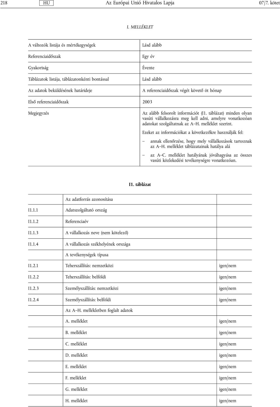 táblázat) minden olyan vasúti vállalkozásra meg kell adni, amelyre vonatkozóan adatokat szolgáltatnak az A H. melléklet szerint.