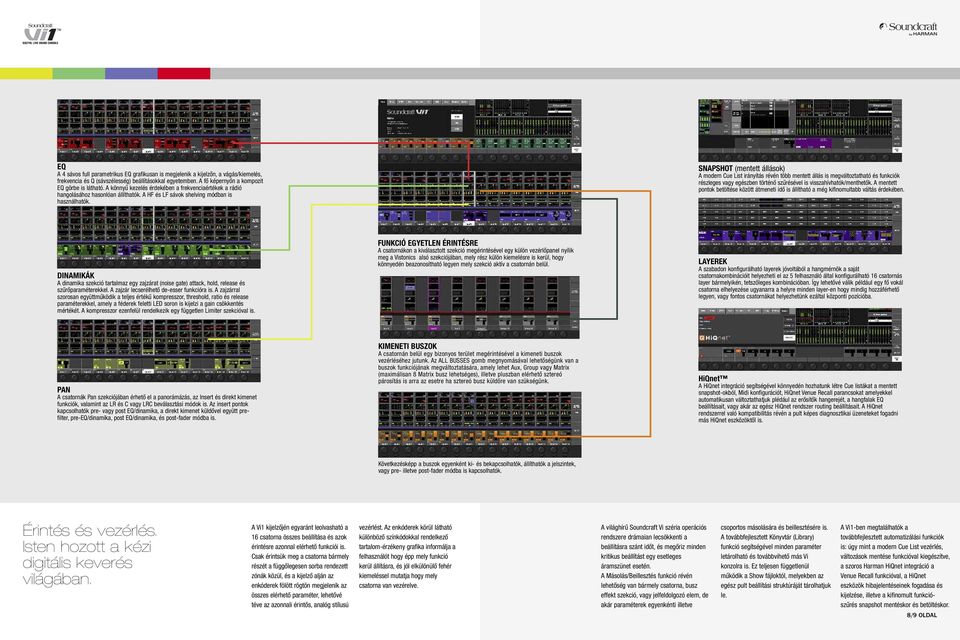 SNAPSHOT (mentett állások) A modern Cue List irányítás révén több mentett állás is megváltoztatható és funkciók részleges vagy egészben történő szűrésével is visszahívhatók/menthetők.