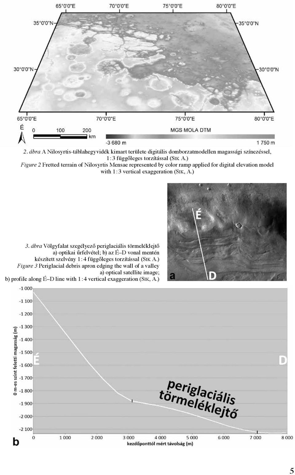 ) 3. ábra Völgyfalat szegélyező periglaciális törmeléklejtő a) optikai űrfelvétel; b) az É D vonal mentén készített szelvény 1 : 4 függőleges torzítással