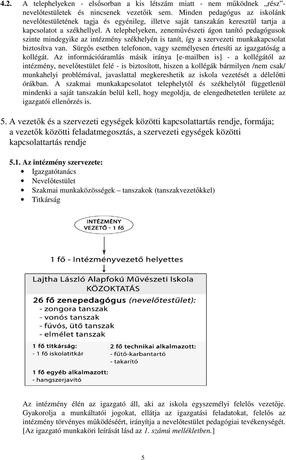 A telephelyeken, zeneművészeti ágon tanító pedagógusok szinte mindegyike az intézmény székhelyén is tanít, így a szervezeti munkakapcsolat biztosítva van.