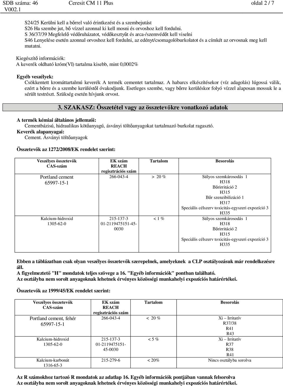 mutatni. Kiegészít információk: A keverék oldható króm(vi) tartalma kisebb, mint 0,0002% Egyéb veszélyek: Csökkentett kromáttartalmú keverék A termék cementet tartalmaz.