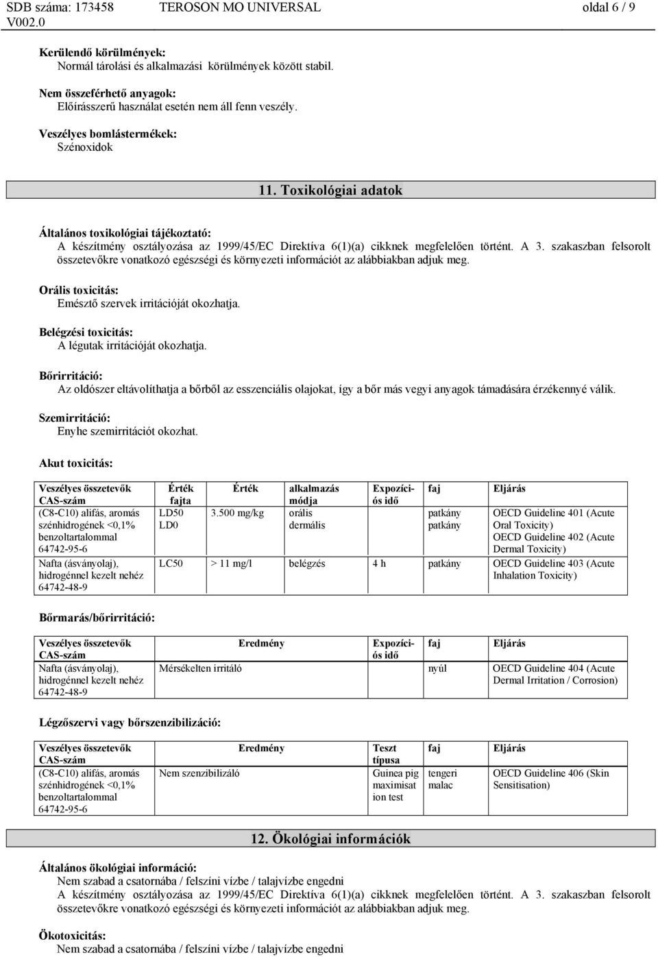 szakaszban felsorolt összetevőkre vonatkozó egészségi és környezeti információt az alábbiakban adjuk meg. Orális toxicitás: Emésztő szervek irritációját okozhatja.