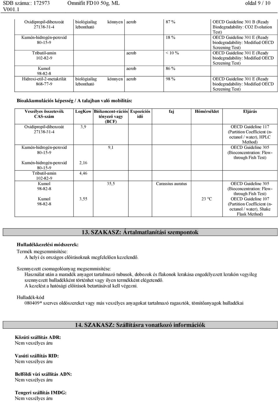 biodegradability: Modified OECD Screening Test) Bioakkumulációs képesség / A talajban való mobilitás: LogKow Biókoncent-rációs tényező vagy (BCF) Expozíciós idő faj Hőmérséklet Eljárás 3,9 OECD