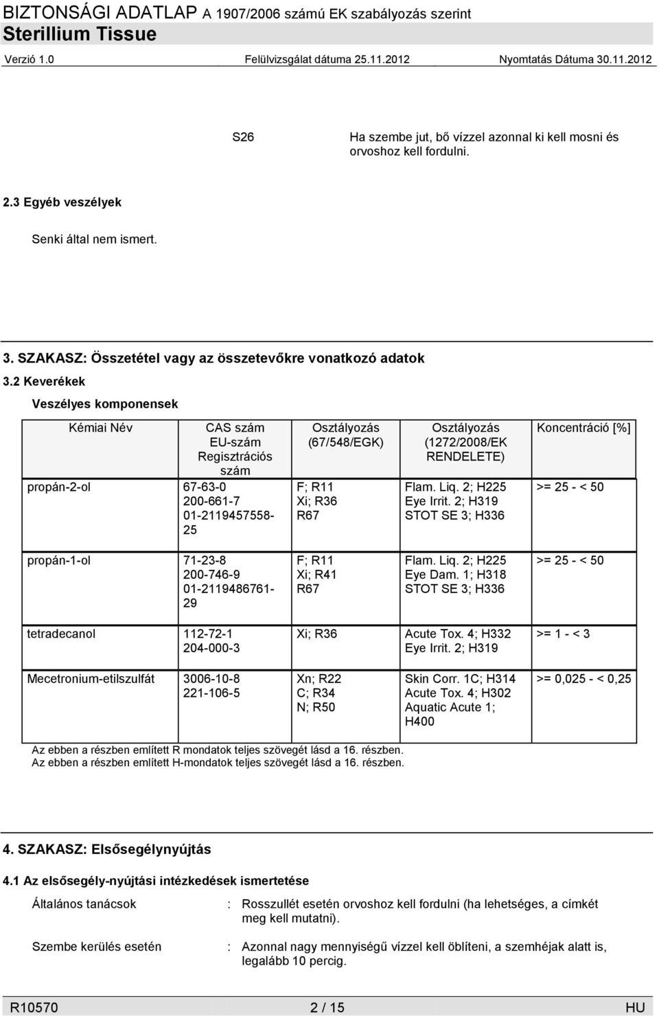 RENDELETE) Flam. Liq. 2; H225 Eye Irrit. 2; H319 STOT SE 3; H336 Koncentráció [%] >= 25 - < 50 propán-1-ol 71-23-8 200-746-9 01-2119486761- 29 F; R11 Xi; R41 R67 Flam. Liq. 2; H225 Eye Dam.