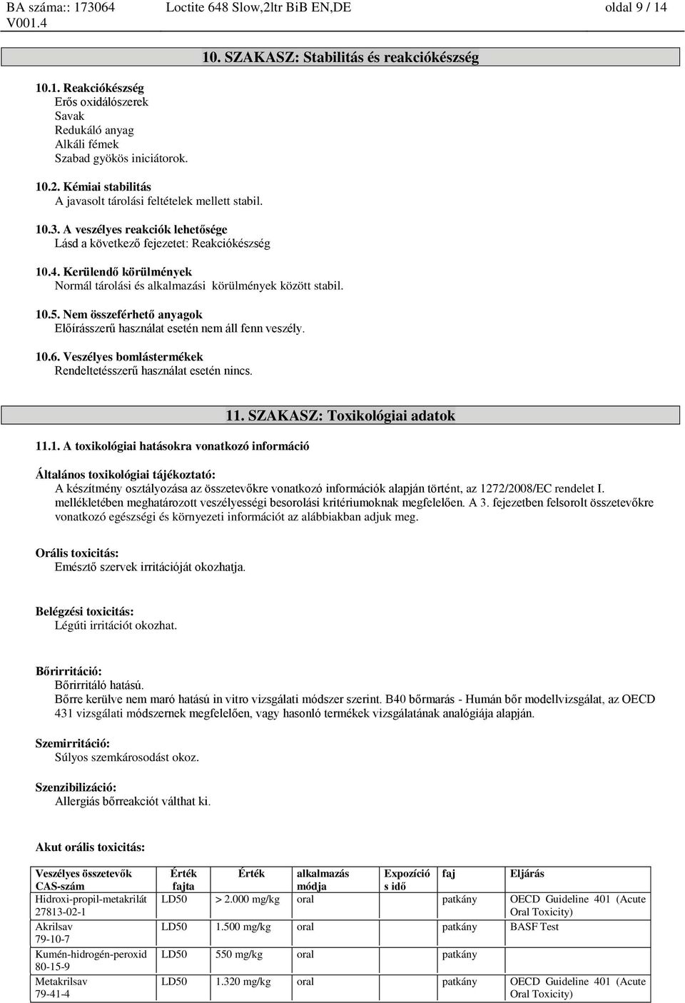 Nem összeférhető anyagok Előírásszerű használat esetén nem áll fenn veszély. 10.6. Veszélyes bomlástermékek Rendeltetésszerű használat esetén nincs. 11.1. A toxikológiai ra vonatkozó információ 11.